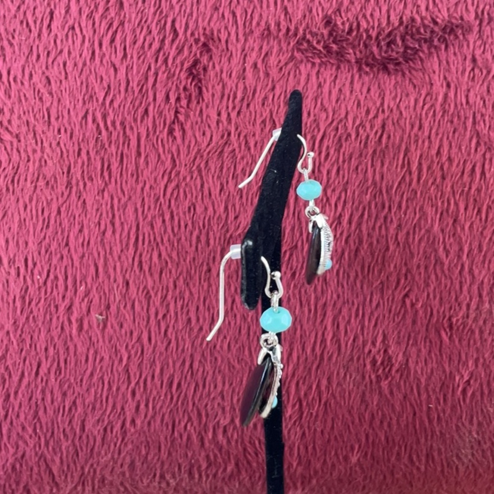 Turquoise Blue and Black Dangle Teardrop Earrings - Silverstone - Picture 2 of 3